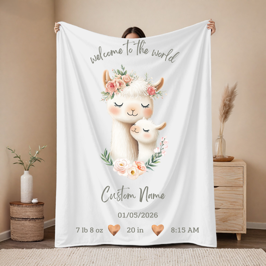 Personalized Birth Blanket with Loving Llama Mom and Baby – Baby Name, Birth Date, Time, Weight & Length