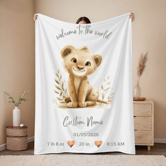 Personalized Birth Blanket with Sweet Baby Lion – Baby Name, Birth Date, Time, Weight & Length