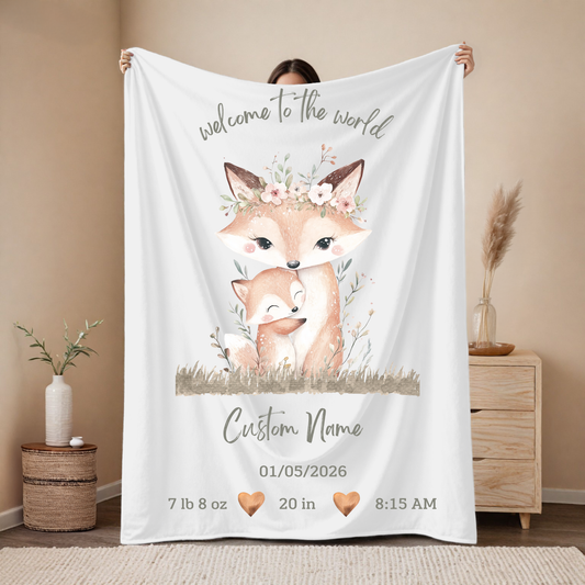 Personalized Birth Blanket with Loving Fox Mom and Baby – Baby Name, Birth Date, Time, Weight & Length