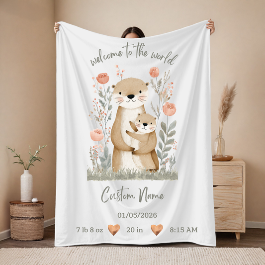 Personalized Birth Blanket with Loving Otter Mom and Baby – Baby Name, Birth Date, Time, Weight & Length