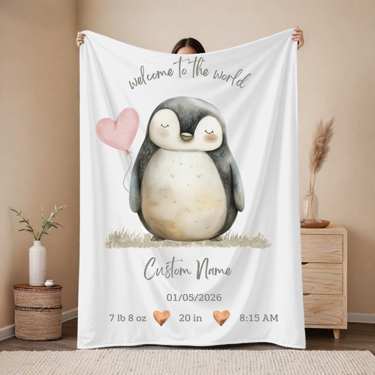 Personalized Birth Blanket with Sweet Baby Penguin – Baby Name, Birth Date, Time, Weight & Length