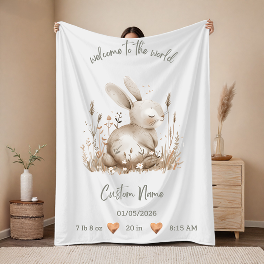 Personalized Birth Blanket with Sweet Baby Bunny – Baby Name, Birth Date, Time, Weight & Length