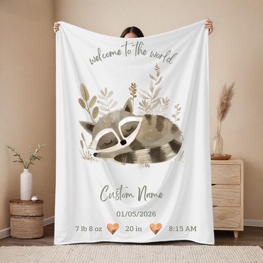 Personalized Birth Blanket with Gentle Sleeping Baby Raccoon – Baby Name, Birth Date, Time, Weight & Length