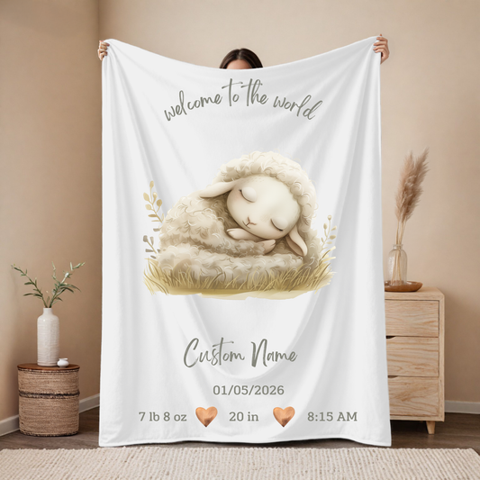 Personalized Birth Blanket with Gentle Sleeping Baby Lamb – Baby Name, Birth Date, Time, Weight & Length