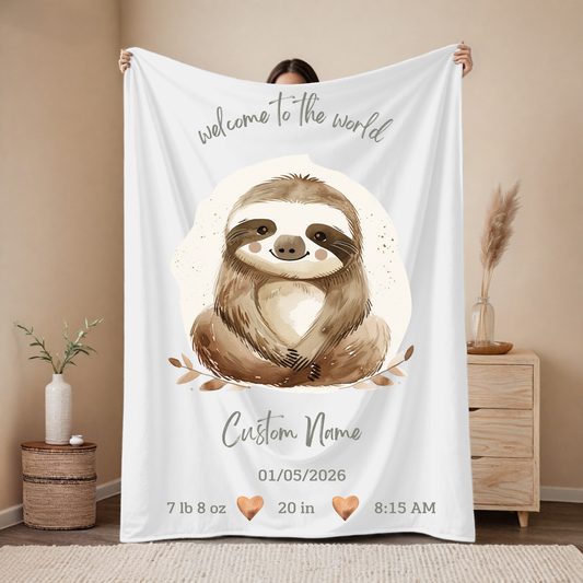 Personalized Birth Blanket with Cute Sloth – Baby Name, Birth Date, Time, Weight & Length