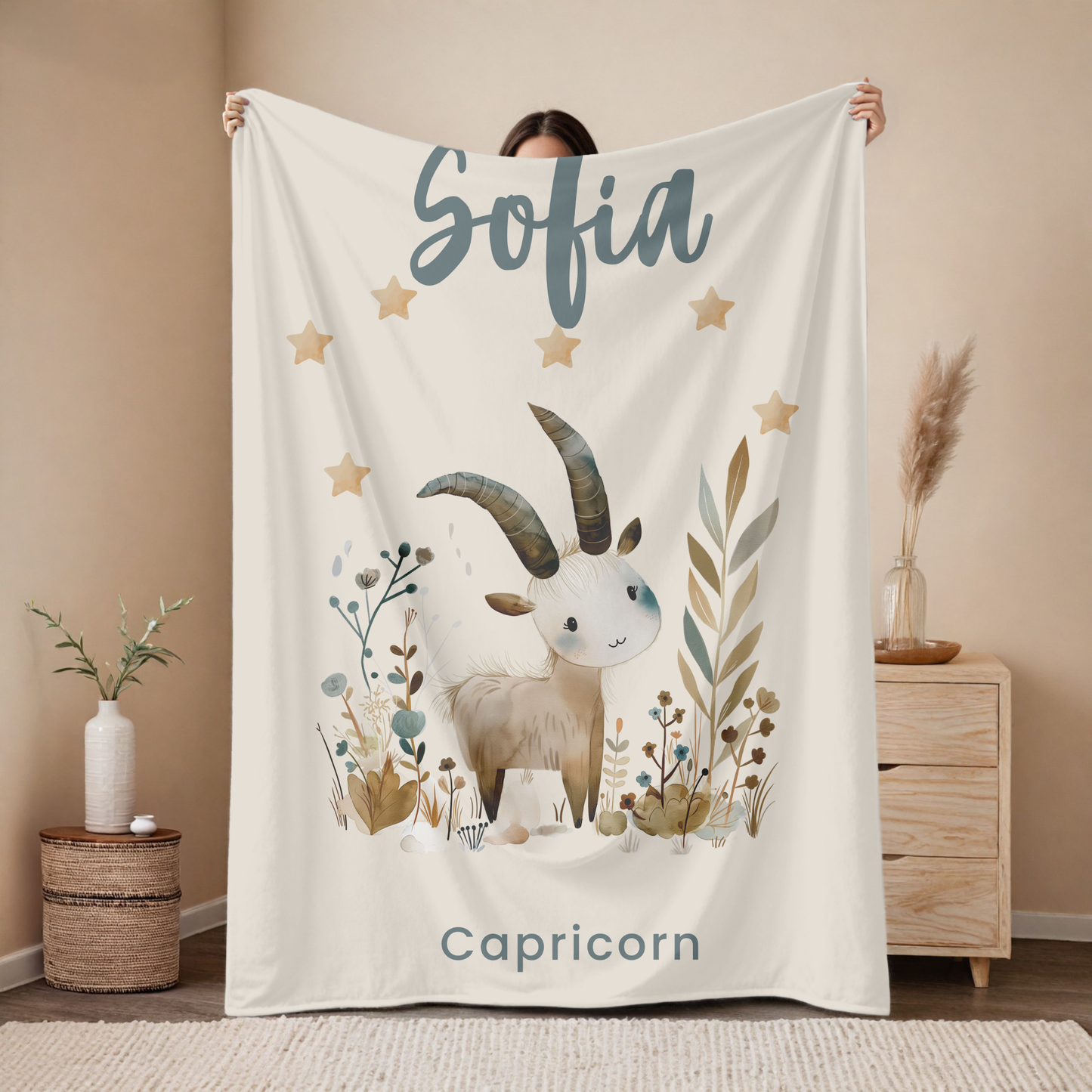 Personalized Capricorn zodiac baby blanket with custom name, astrology baby gift for newborn