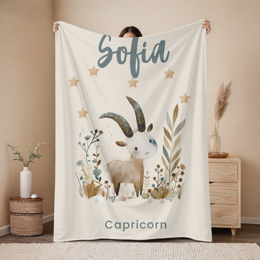 Personalized Capricorn zodiac baby blanket with custom name, astrology baby gift for newborn