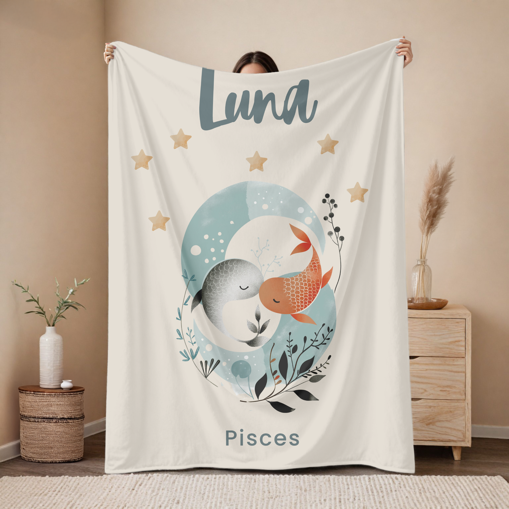 Personalized Pisces zodiac baby blanket with custom name, astrology baby gift for newborn