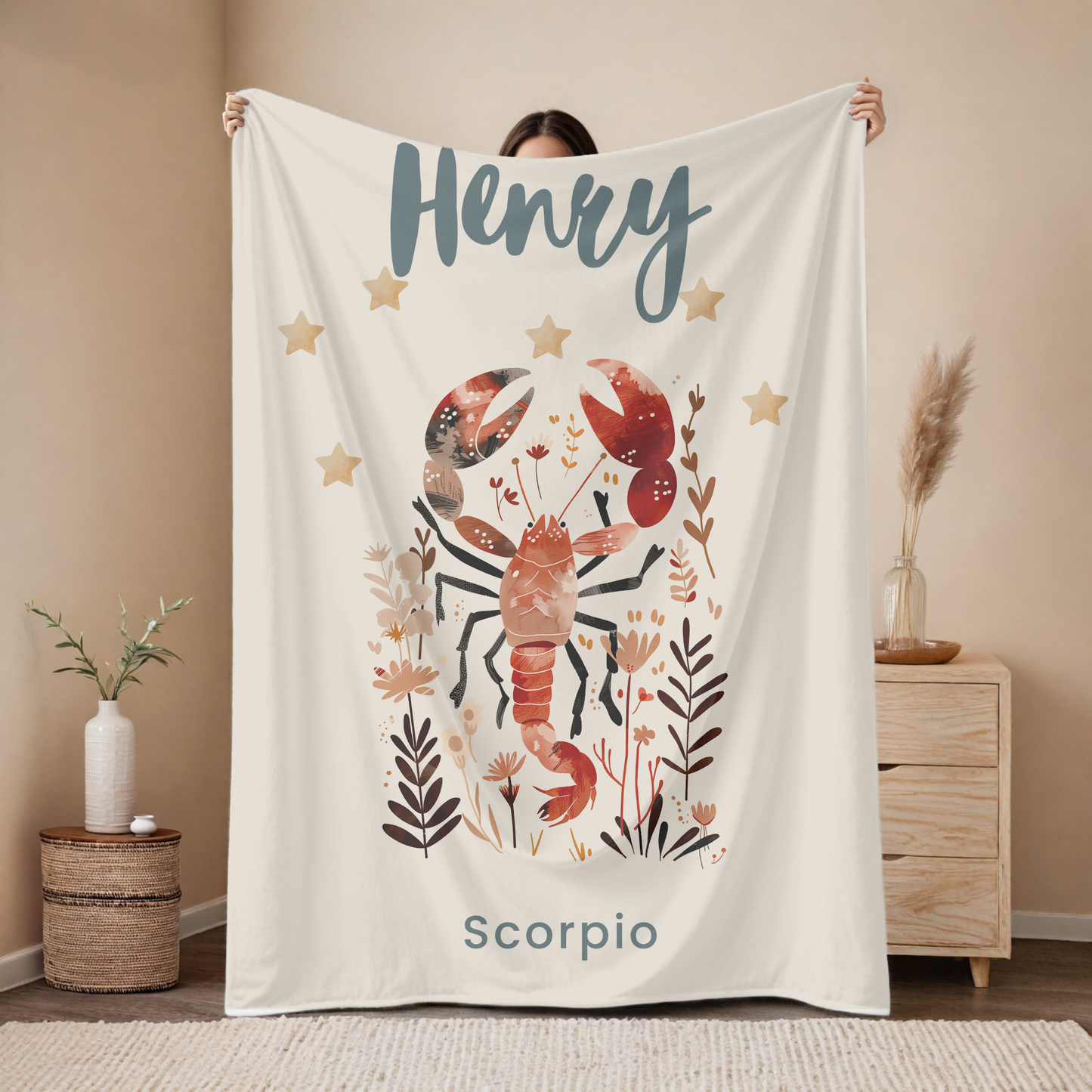 Personalized Scorpio zodiac baby blanket with custom name, astrology baby gift for newborn