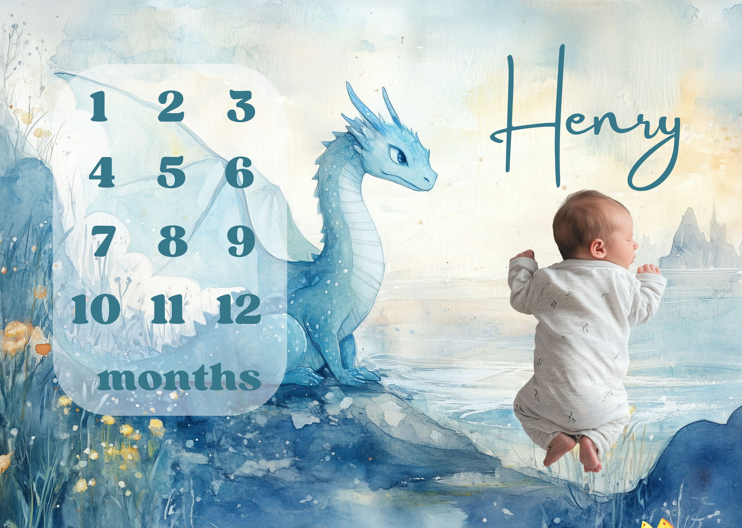 Baby lying on personalized milestone blanket with blue dragon design for first year milestone photos