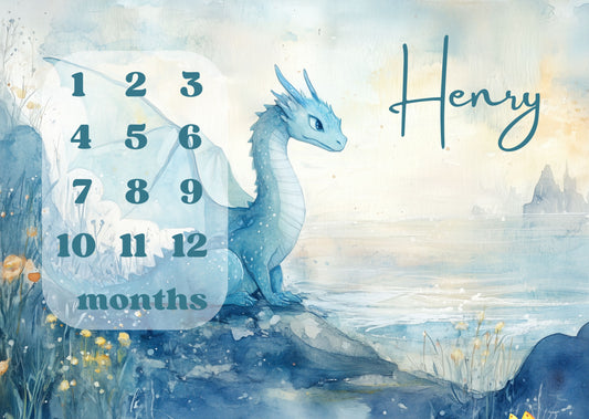 Blue dragon personalized baby milestone blanket design for monthly baby milestone pictures