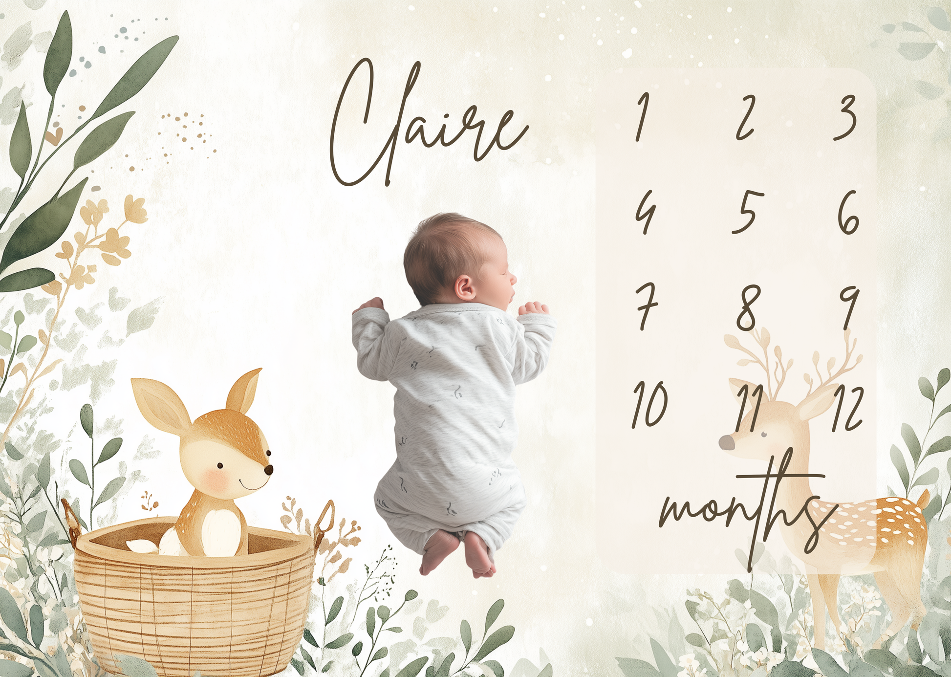 Baby lying on personalized milestone blanket with boho deer garden illustration for first year monthly milestone pictures