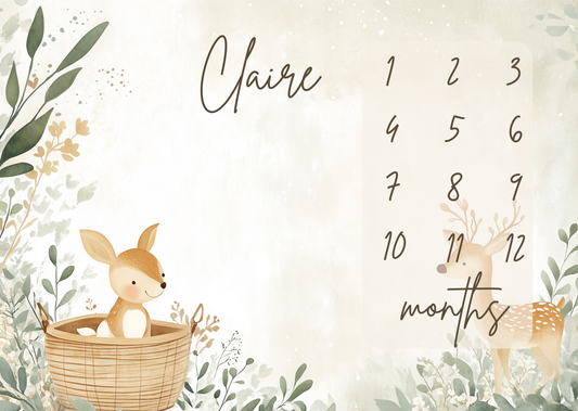 Personalized baby milestone blanket with cute boho deer in basket and soft botanical forest illustration for monthly baby milestone photos