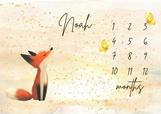 Personalized baby milestone blanket with dreamy fox and golden stars illustration for monthly baby milestone photos