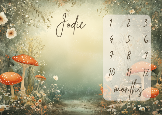 Personalized baby milestone blanket with enchanted forest mushrooms design for monthly baby milestone photos