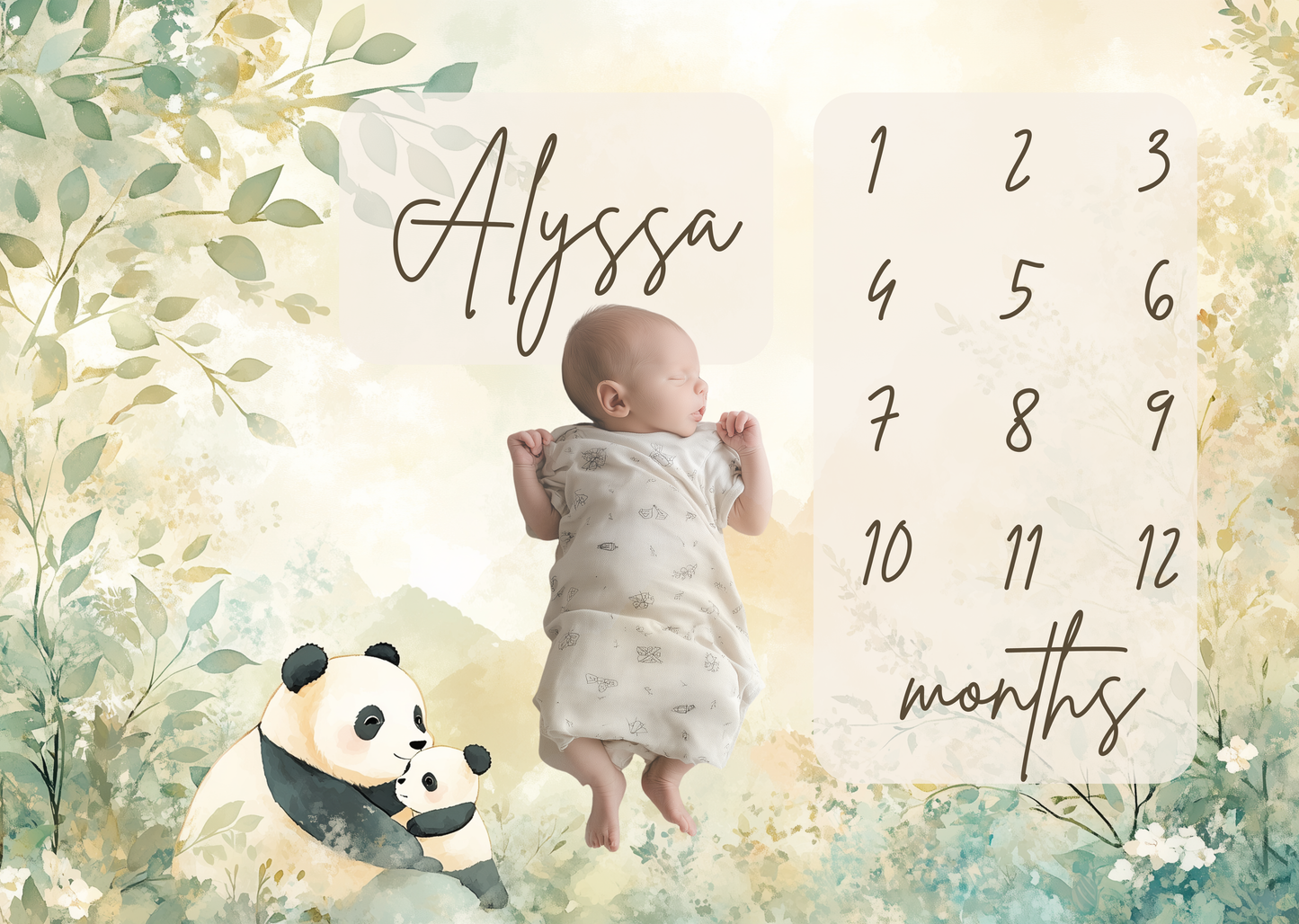 Baby lying on personalized milestone blanket with panda and mountain design for first year milestone pictures