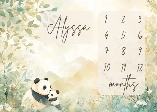 Personalized baby milestone blanket with gentle panda and mountain landscape illustration for monthly baby milestone photos