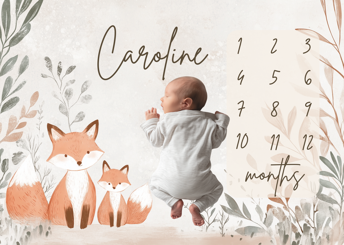 Baby lying on personalized milestone blanket with sweet woodland fox design for first year milestone pictures