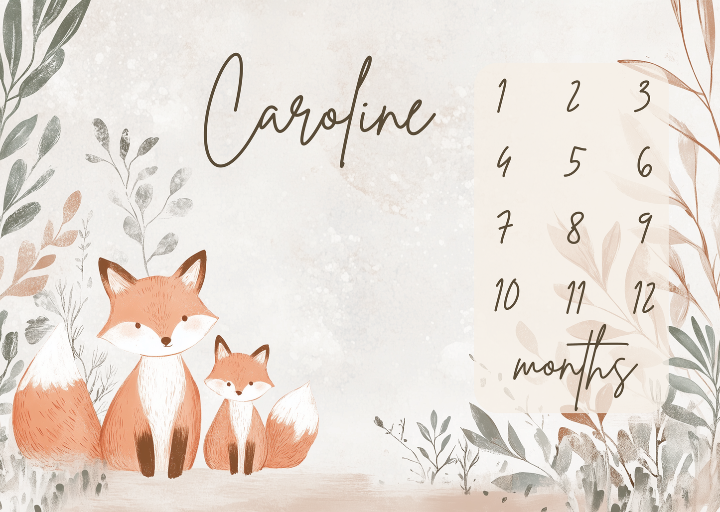 Personalized baby milestone blanket with sweet woodland fox illustration for monthly baby milestone photos