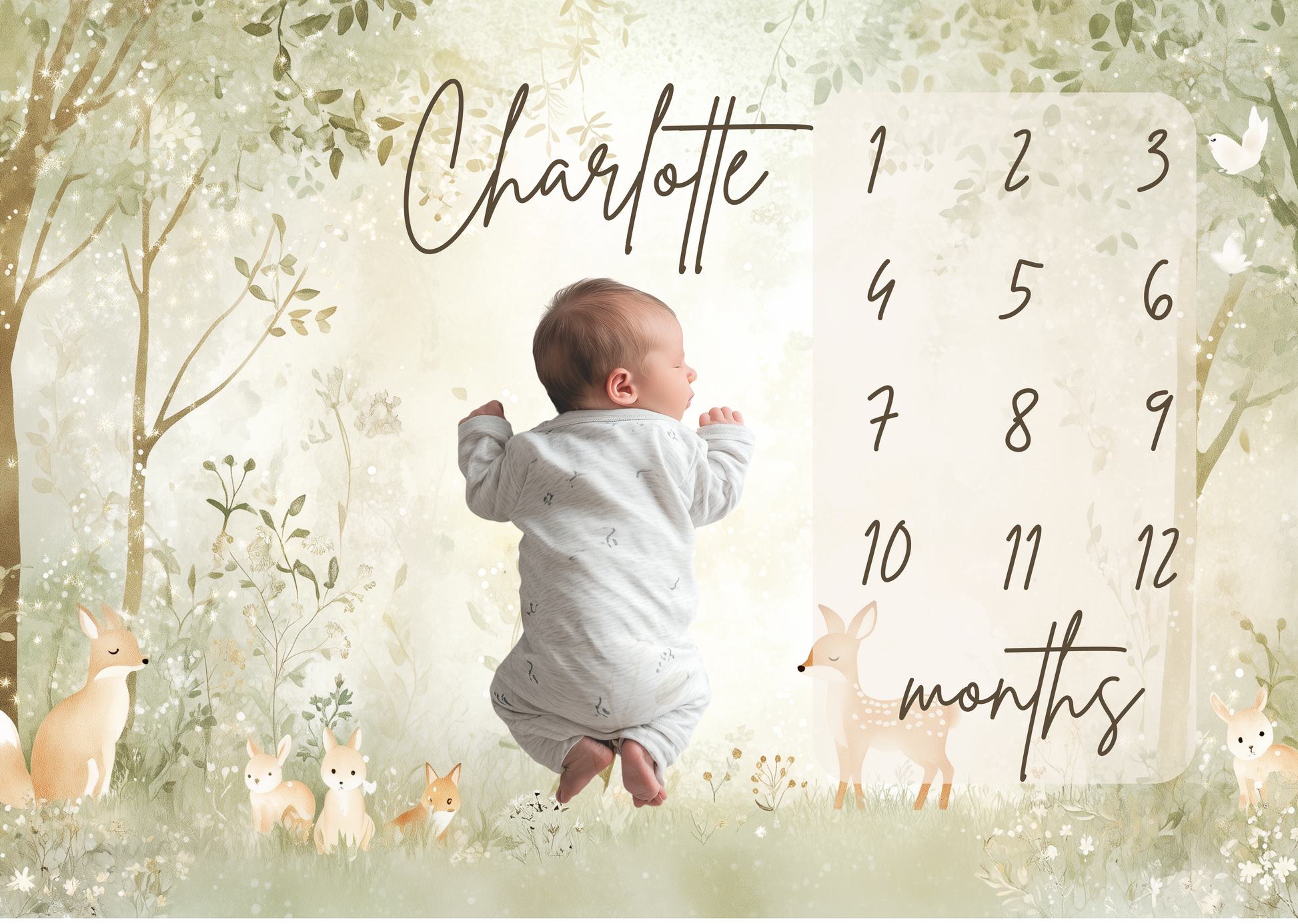 Baby lying on personalized milestone blanket with whimsical woodland animals design for first year milestone pictures