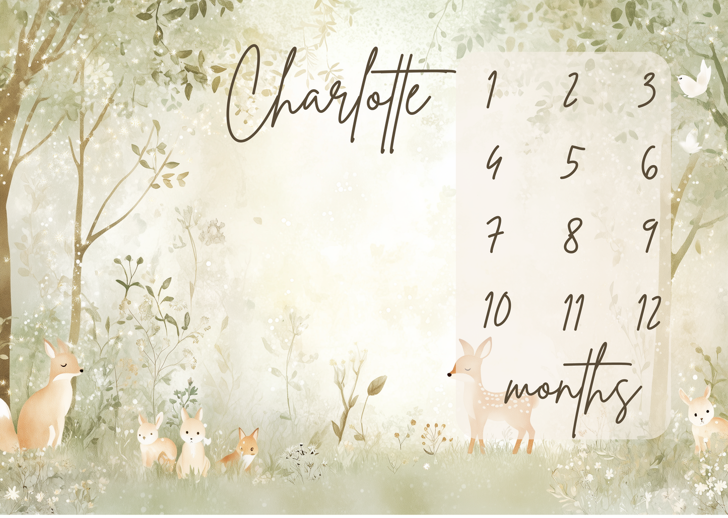 Personalized baby milestone blanket with whimsical woodland animals including deer, rabbits and fox in a soft forest illustration for monthly baby milestone photos