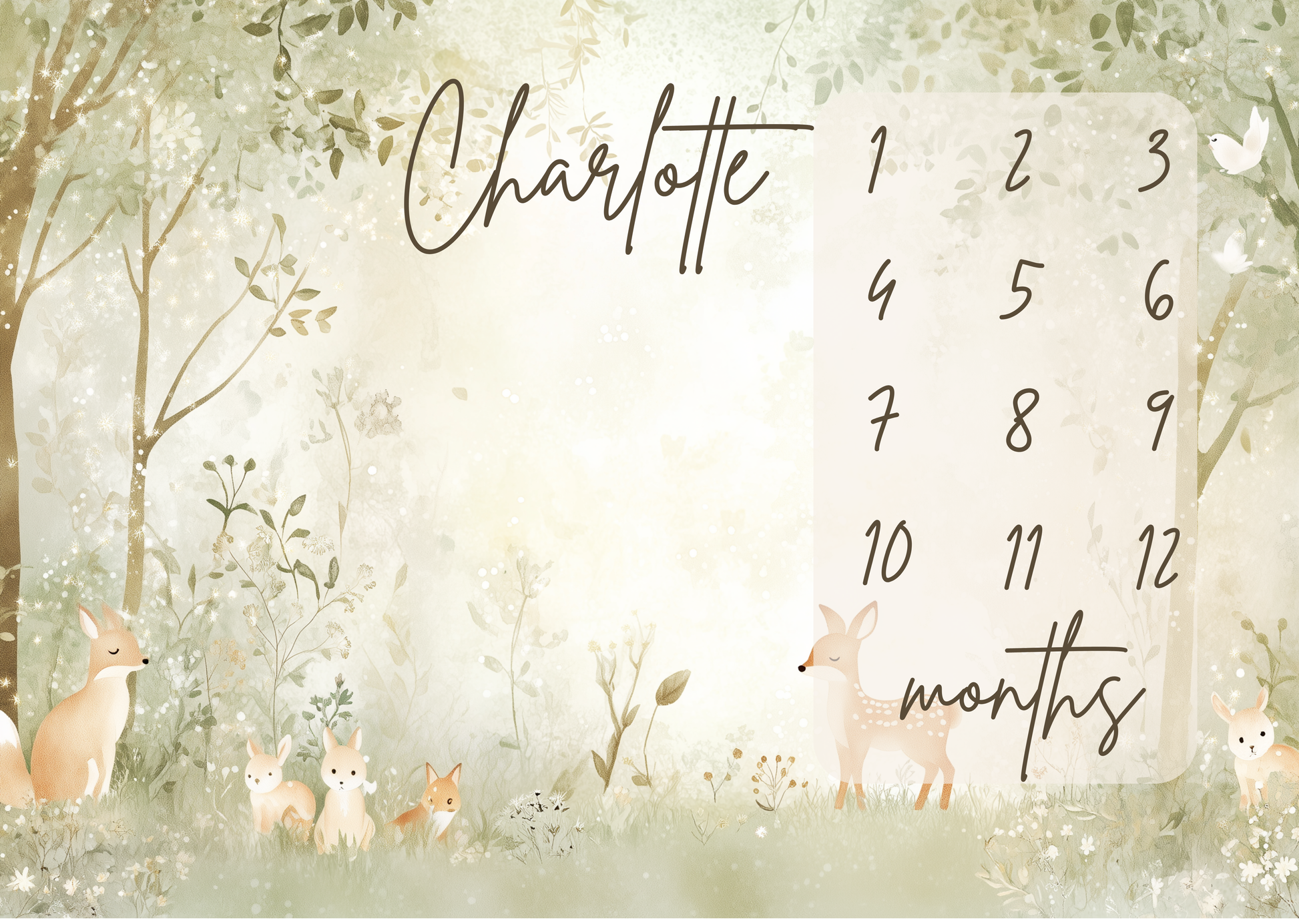 Personalized baby milestone blanket with whimsical woodland animals including deer, rabbits and fox in a soft forest illustration for monthly baby milestone photos