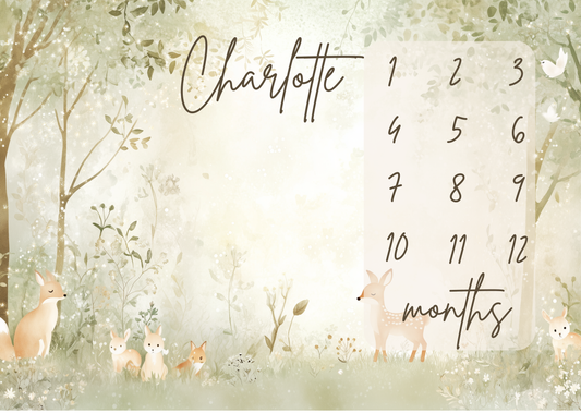 Personalized baby milestone blanket with whimsical woodland animals including deer, rabbits and fox in a soft forest illustration for monthly baby milestone photos