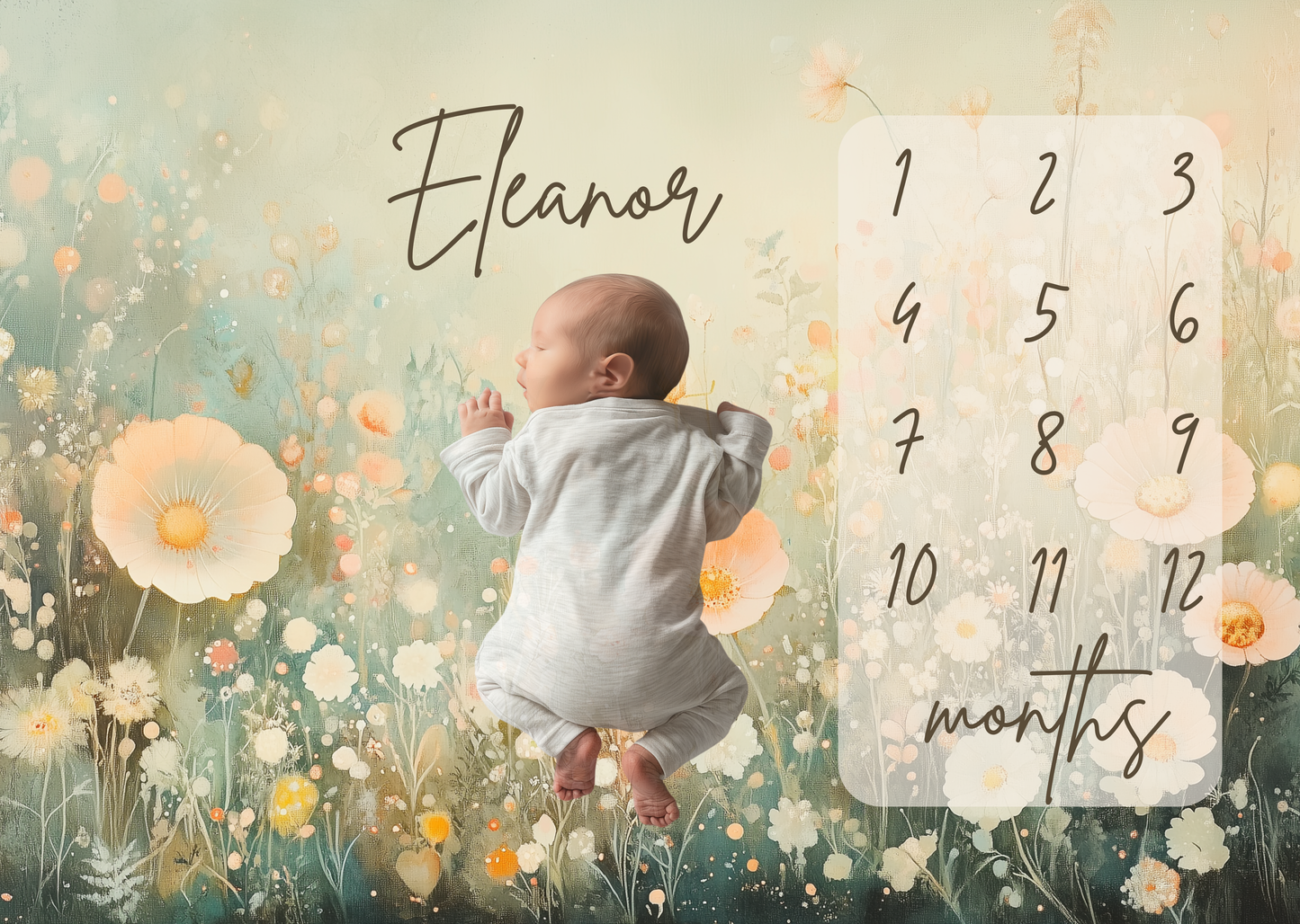 Baby lying on personalized milestone blanket with wildflower meadow design for first year milestone pictures