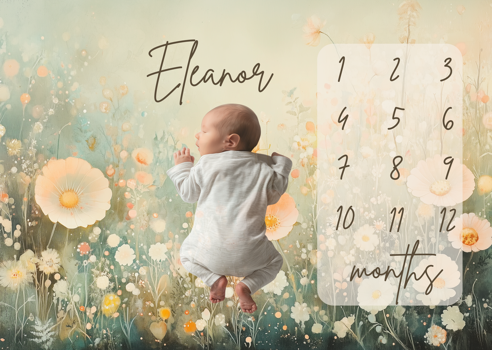 Baby lying on personalized milestone blanket with wildflower meadow design for first year milestone pictures