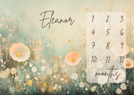 Personalized baby milestone blanket with soft wildflower meadow illustration for monthly baby milestone photos