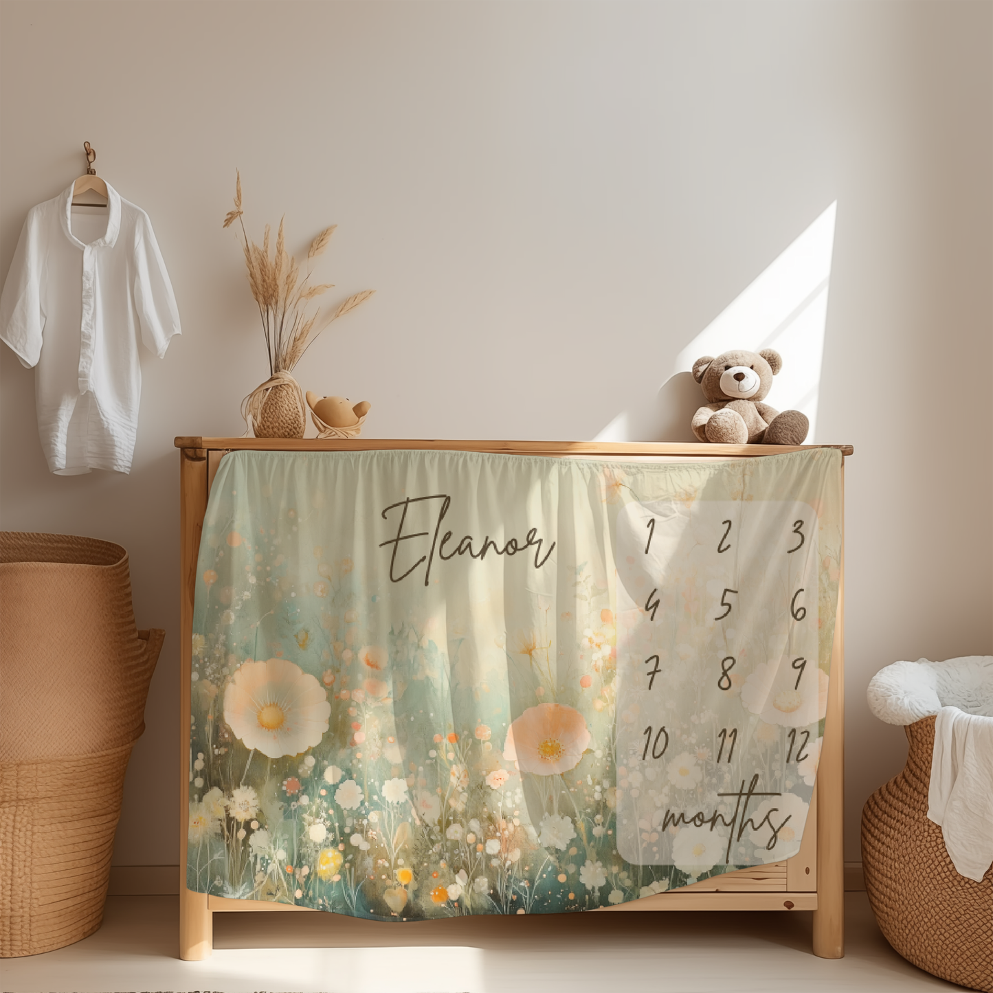Personalized baby milestone blanket with wildflower meadow illustration displayed in nursery room