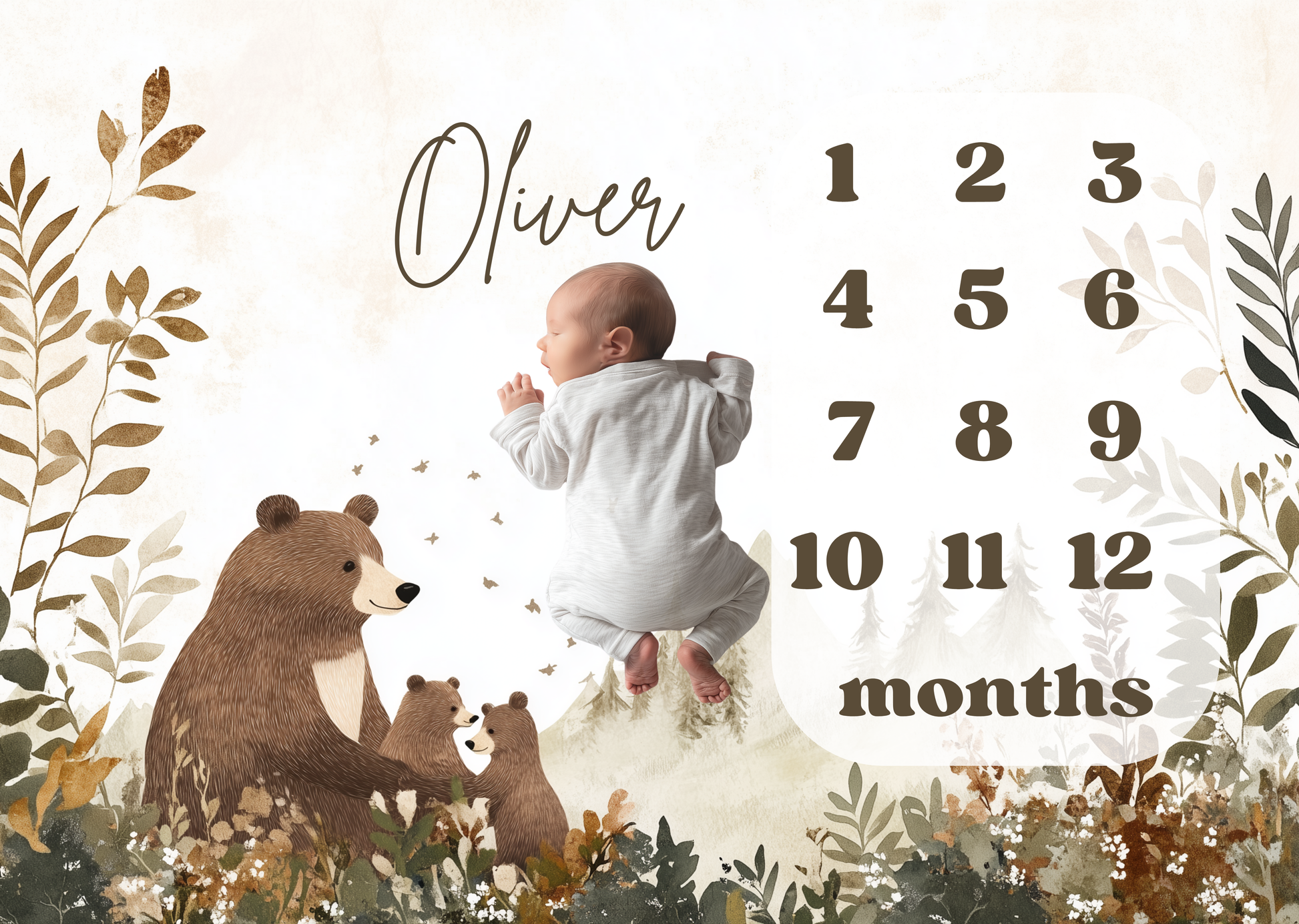 Baby lying on personalized milestone blanket with woodland bear and cubs design for first year milestone pictures