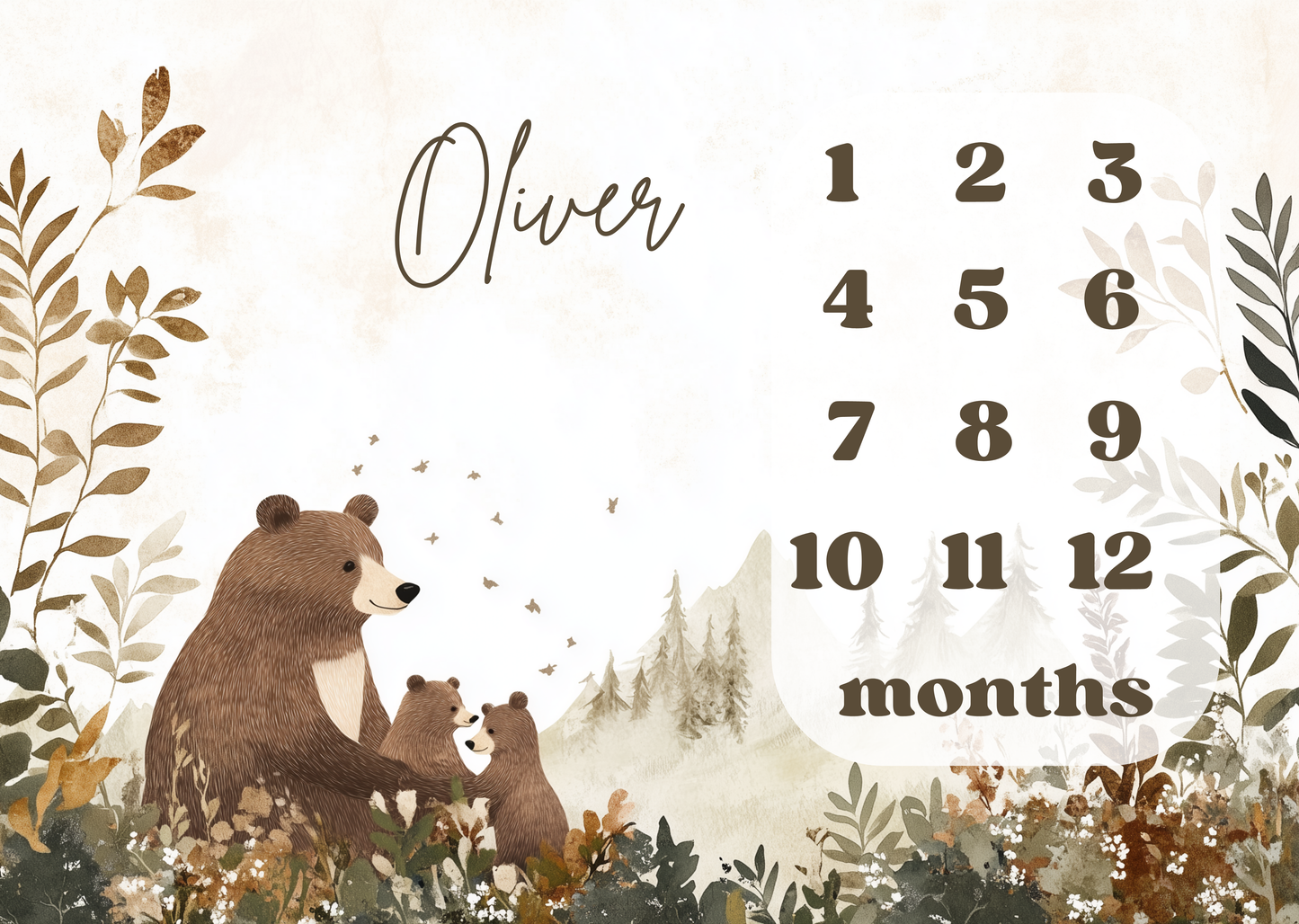 Personalized baby milestone blanket with woodland bear and cubs illustration in a soft forest landscape for monthly baby milestone photos