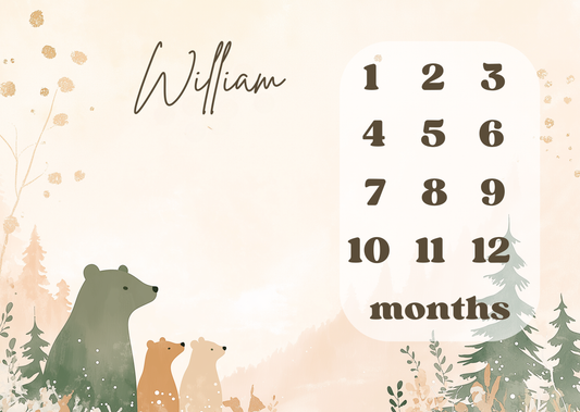 Personalized baby milestone blanket with woodland bear family illustration in a soft forest landscape for monthly baby milestone photos