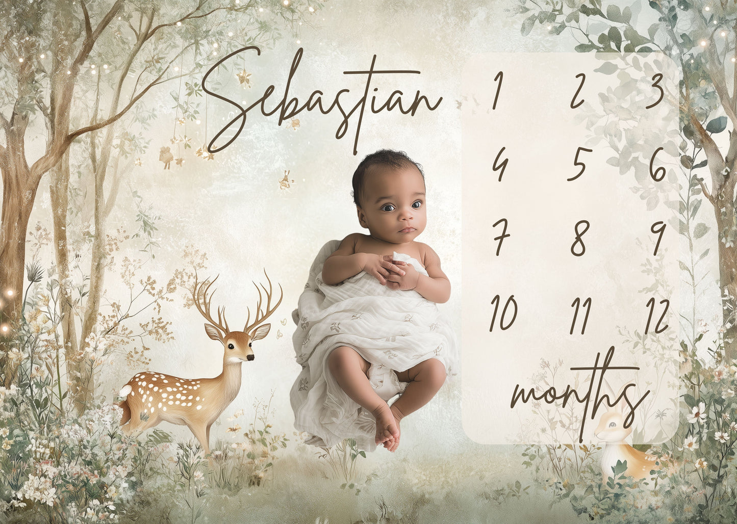 Baby lying on personalized milestone blanket with woodland deer design for first year milestone pictures