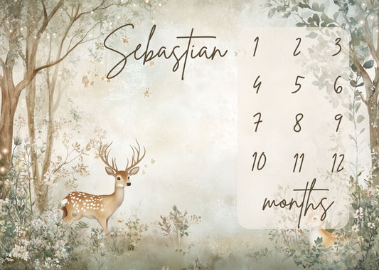 Personalized baby milestone blanket with woodland deer illustration in a soft forest scene for monthly baby milestone photos