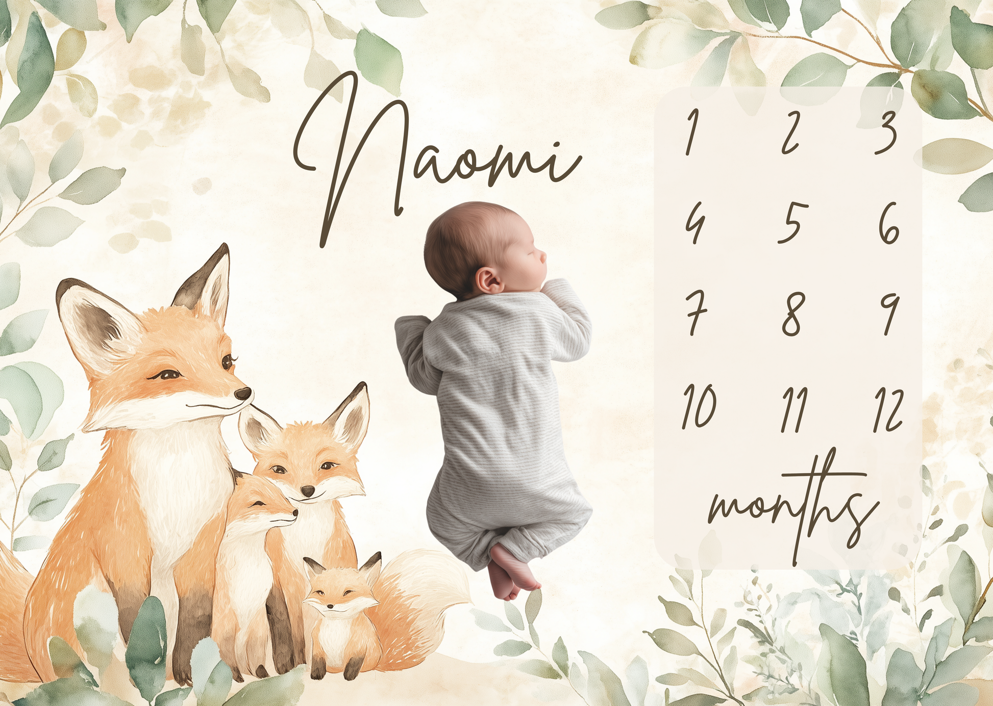 Baby lying on personalized milestone blanket with woodland fox family illustration for first year milestone pictures