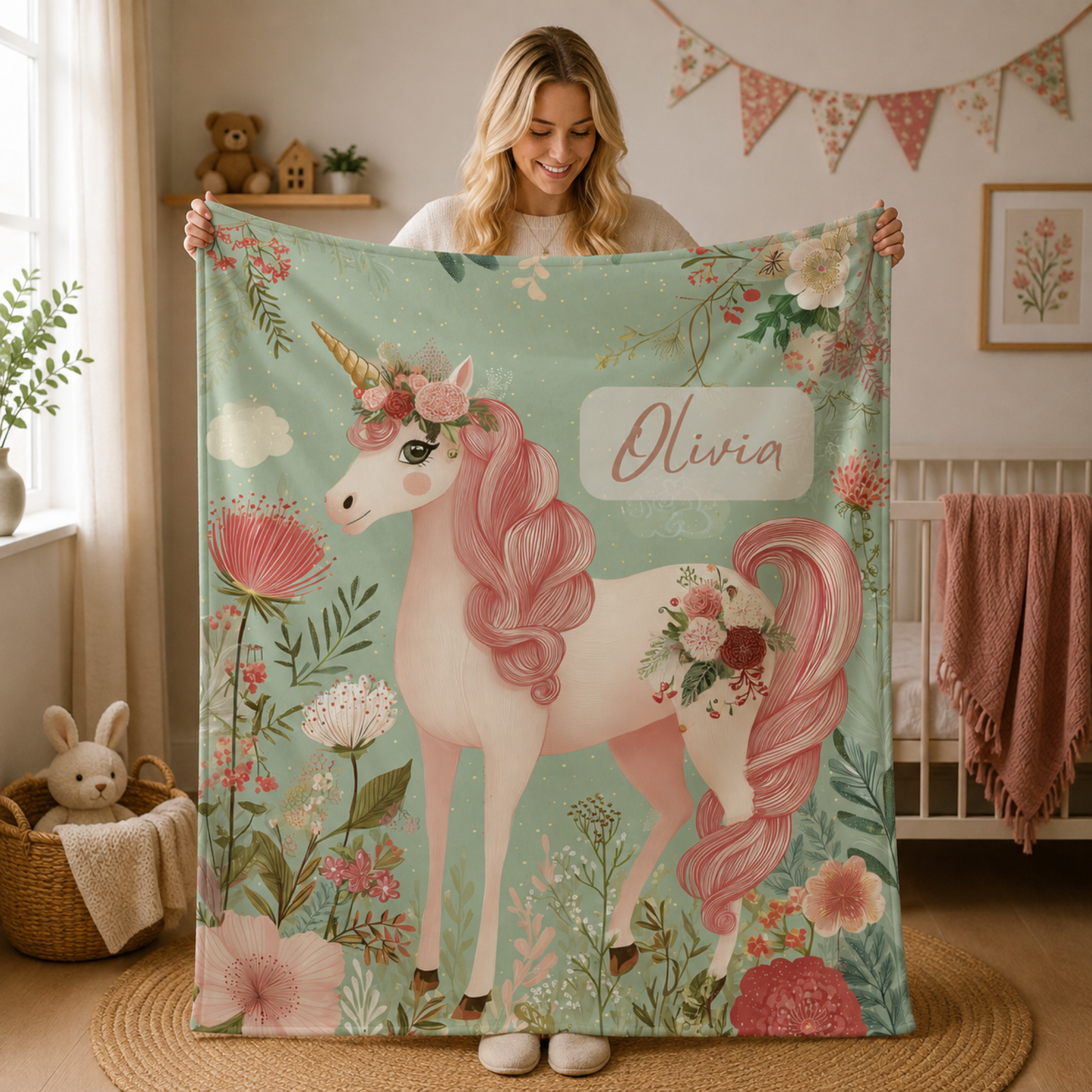 Woman holding personalized unicorn baby blanket with custom name, blossom crown nursery design