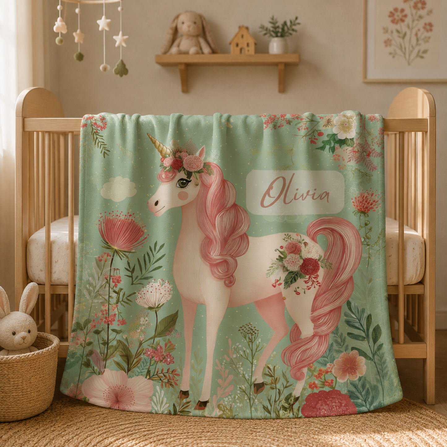 Personalized unicorn baby blanket with custom name draped over crib, blossom crown nursery design