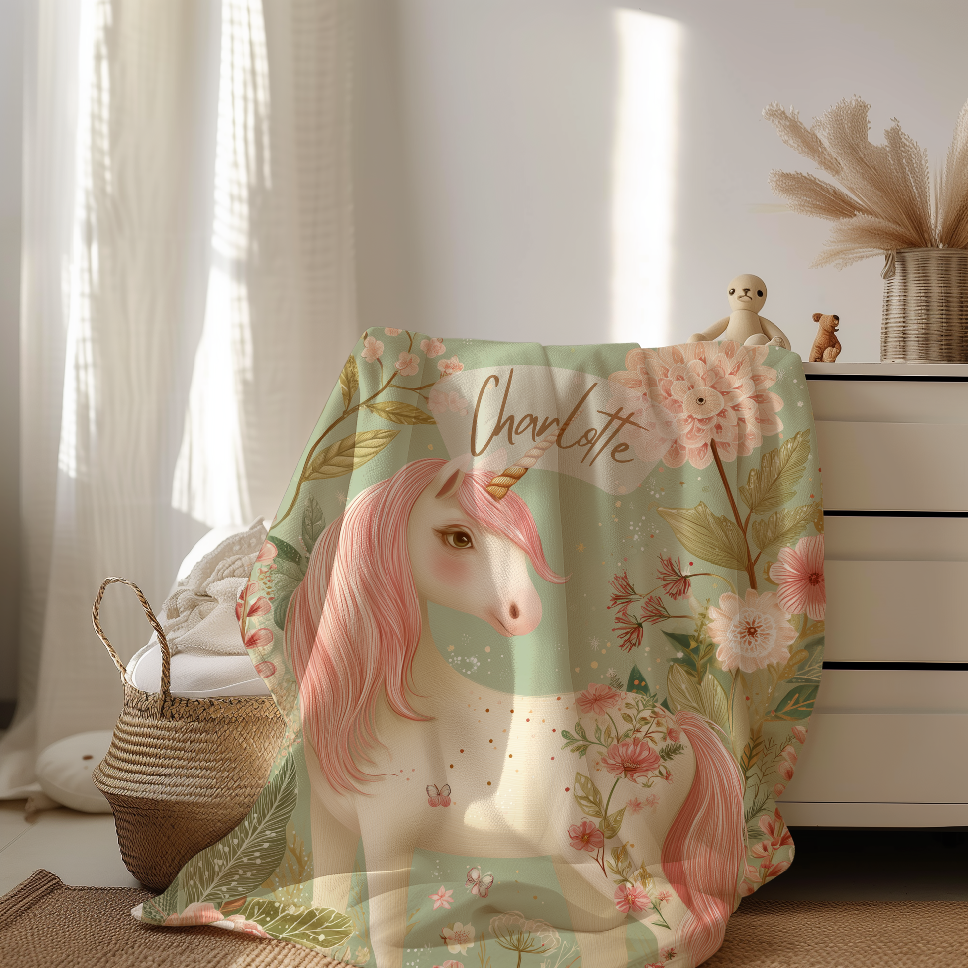 Personalized unicorn baby blanket with custom name draped over dresser in nursery, blush floral garden design