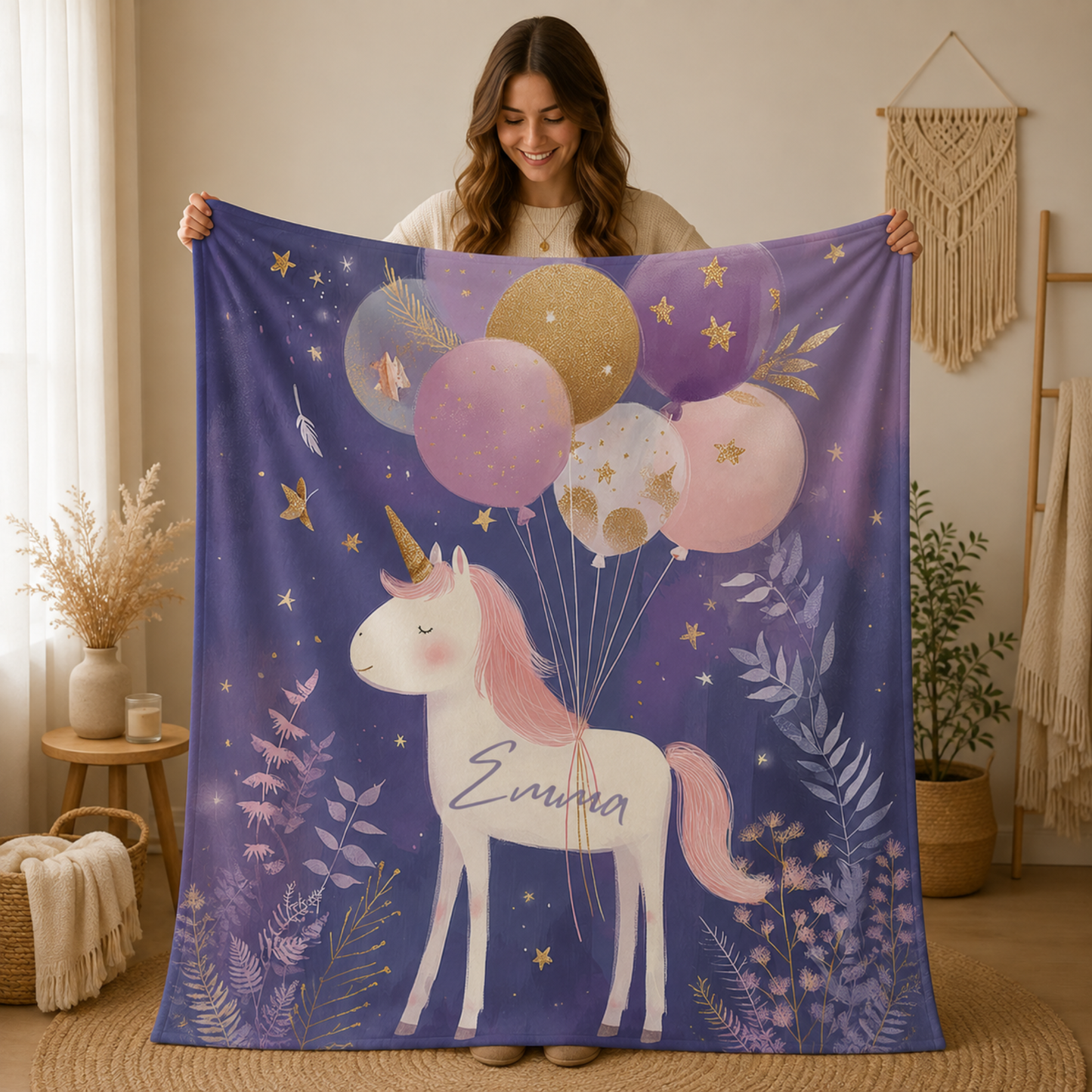 Woman holding personalized unicorn baby blanket with custom name, celestial balloon portrait design