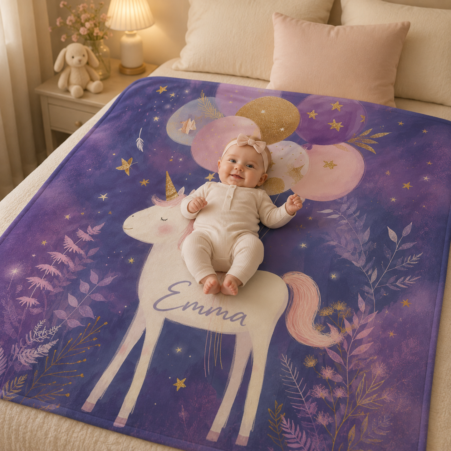 Smiling baby on personalized unicorn baby blanket with custom name, celestial balloon portrait design