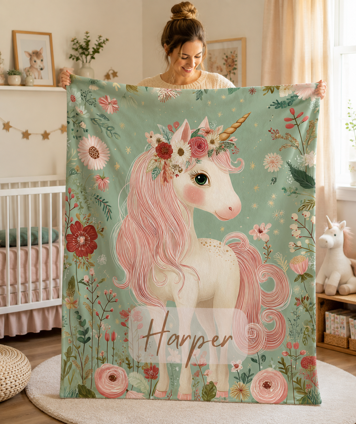 Custom baby blanket with unicorn floral crown design, personalized with child's name on sage green background