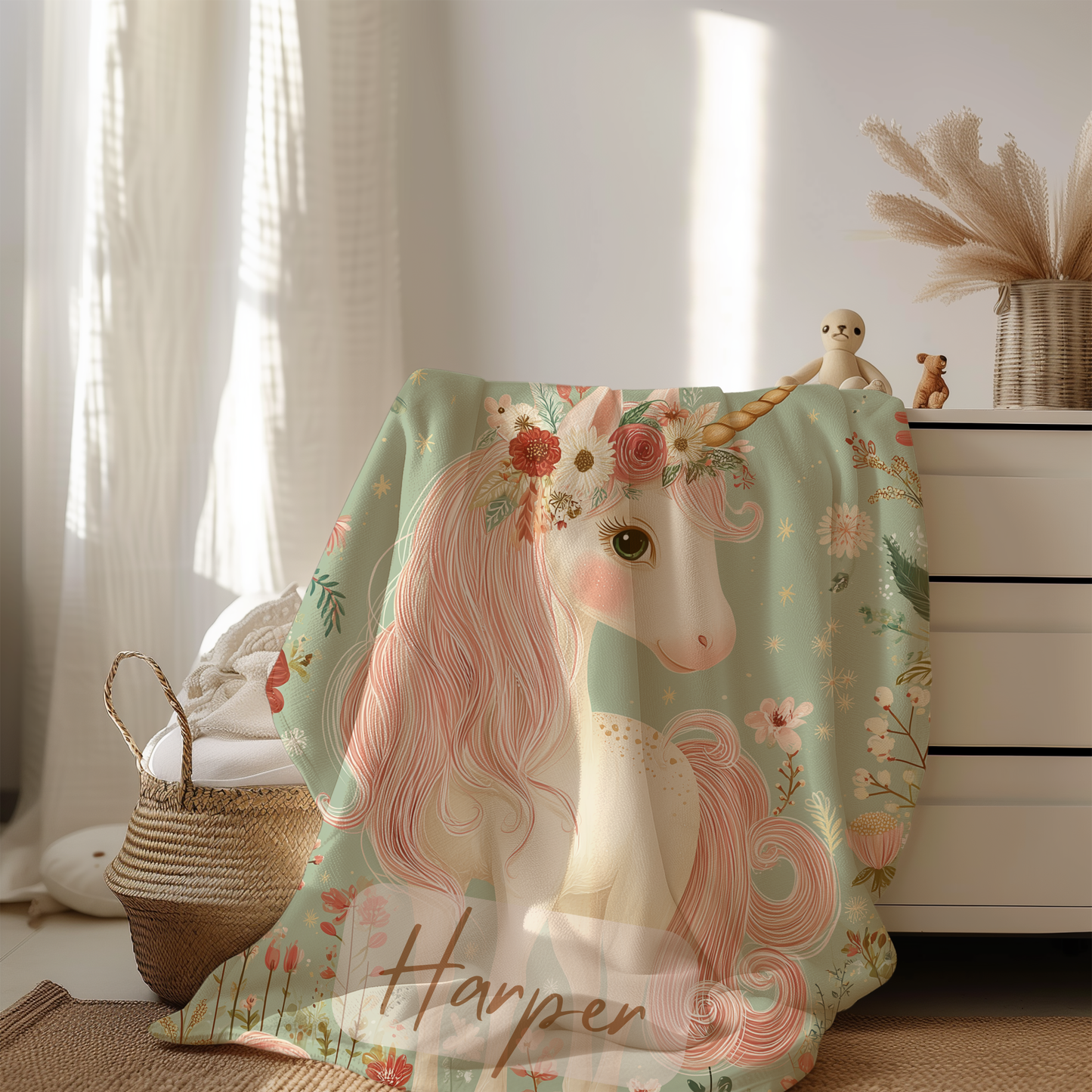 Personalized Unicorn Baby Blanket – Floral Crown Meadow Design