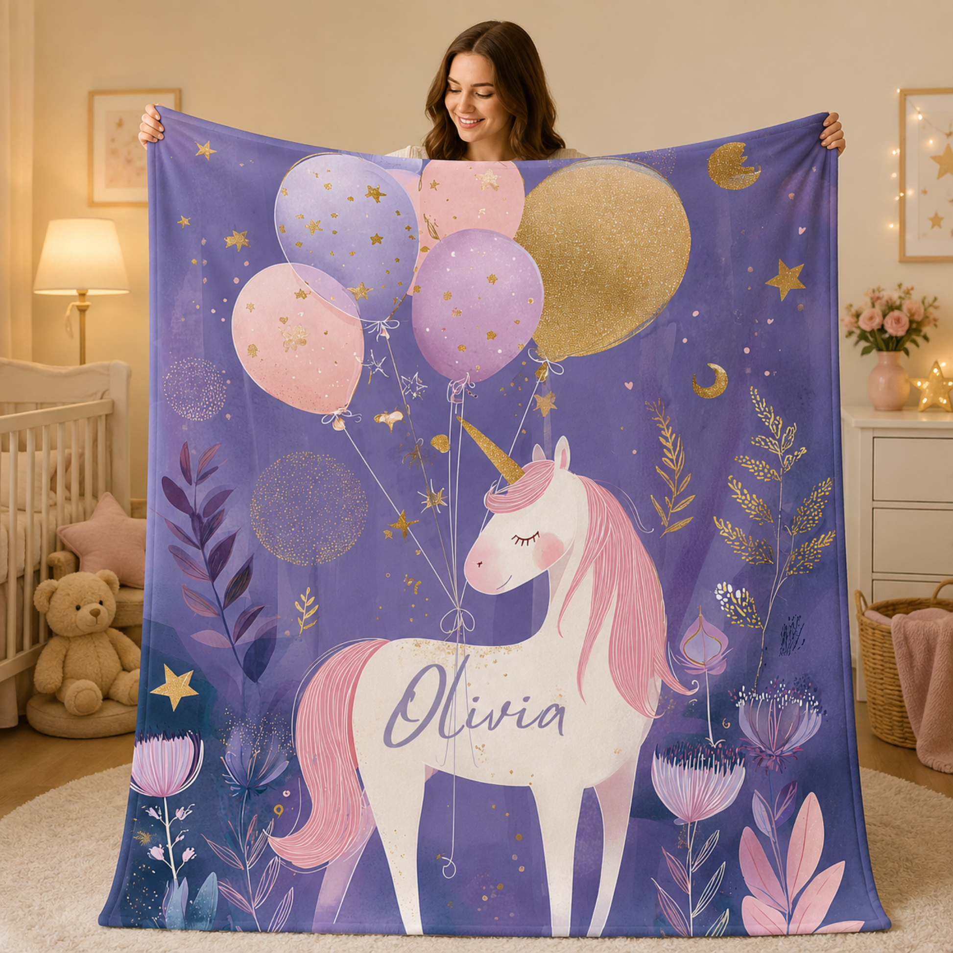 Woman holding personalized unicorn baby blanket with custom name, moonlit balloon design