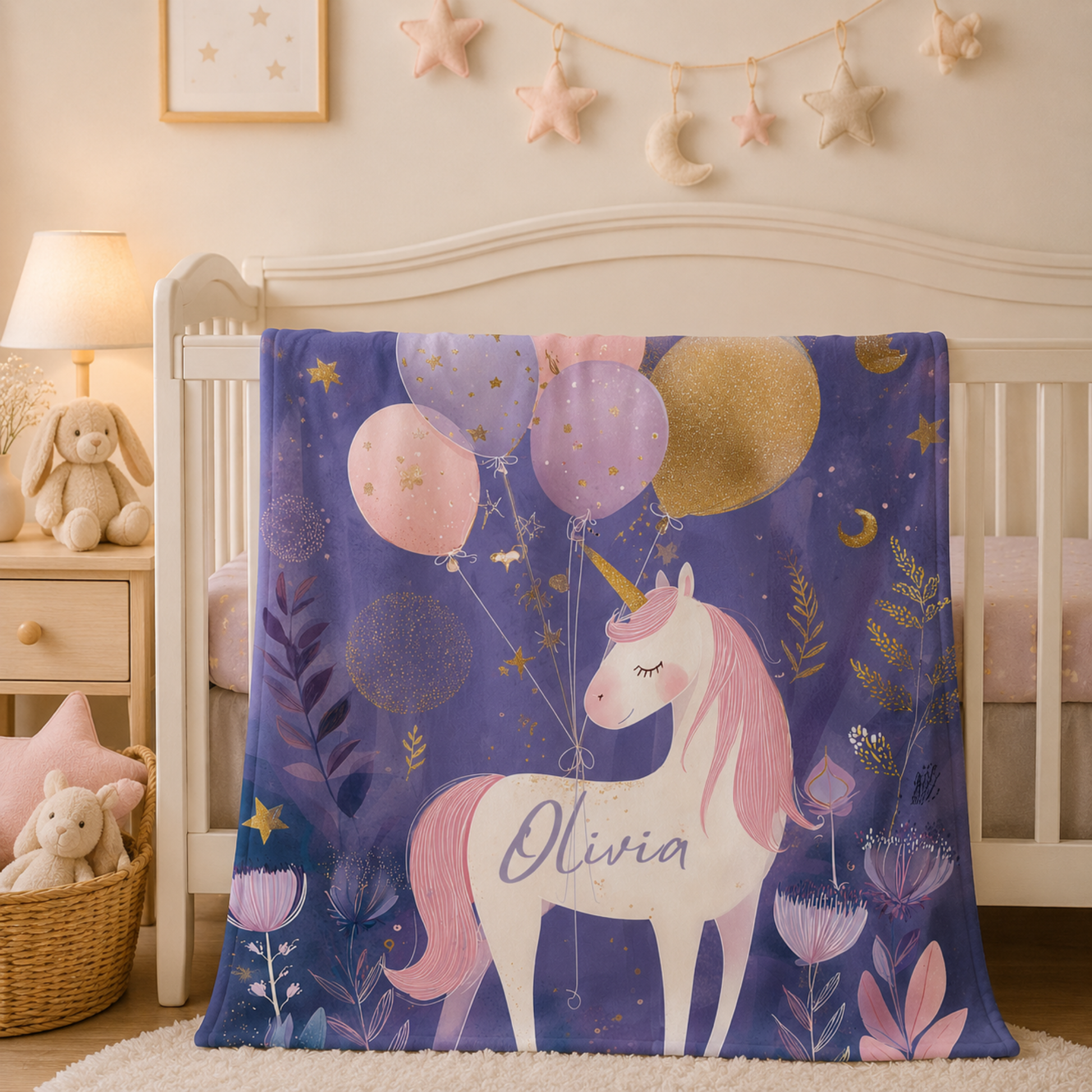 Personalized unicorn baby blanket with custom name draped over crib, moonlit balloon design
