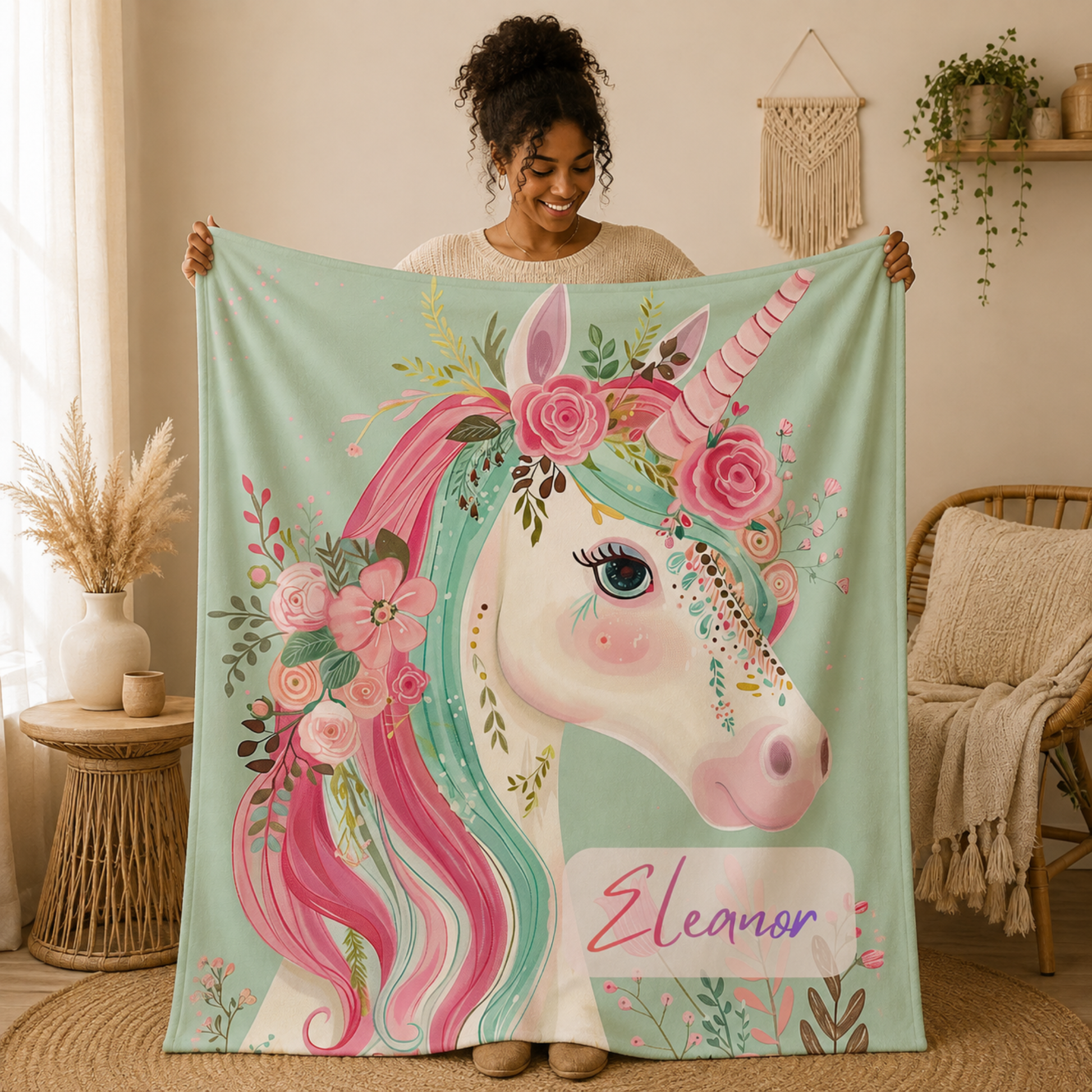 Woman holding personalized unicorn baby blanket with custom name, rainbow rose portrait design