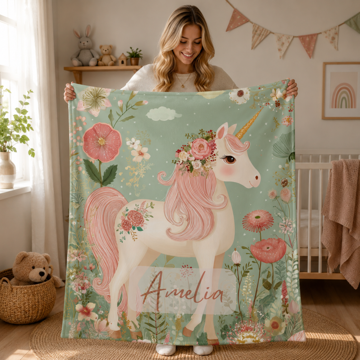 Woman holding personalized unicorn baby blanket with custom name, rose and poppy garden design