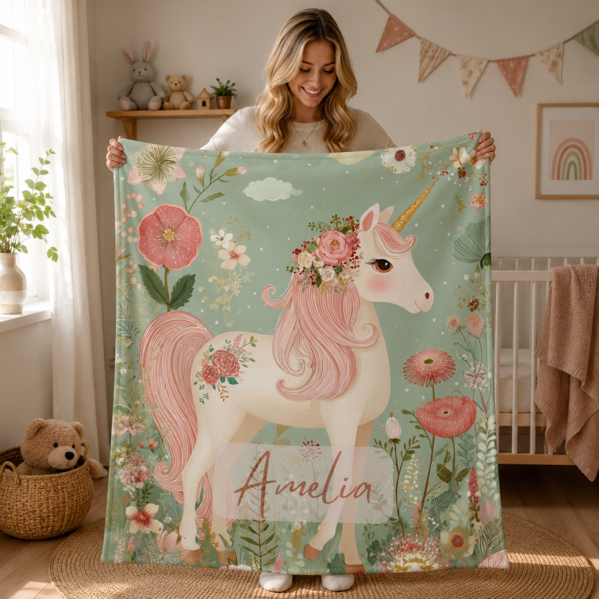 Woman holding personalized unicorn baby blanket with custom name, rose and poppy garden design