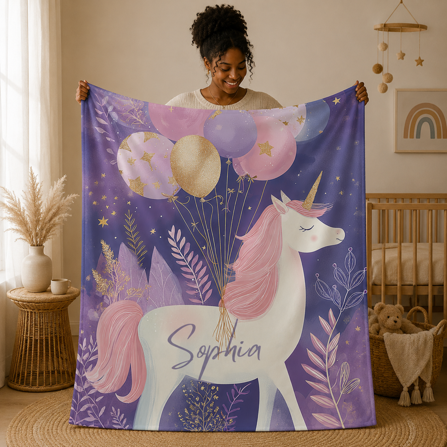 Woman holding personalized unicorn baby blanket with custom name, starlit balloon dream design